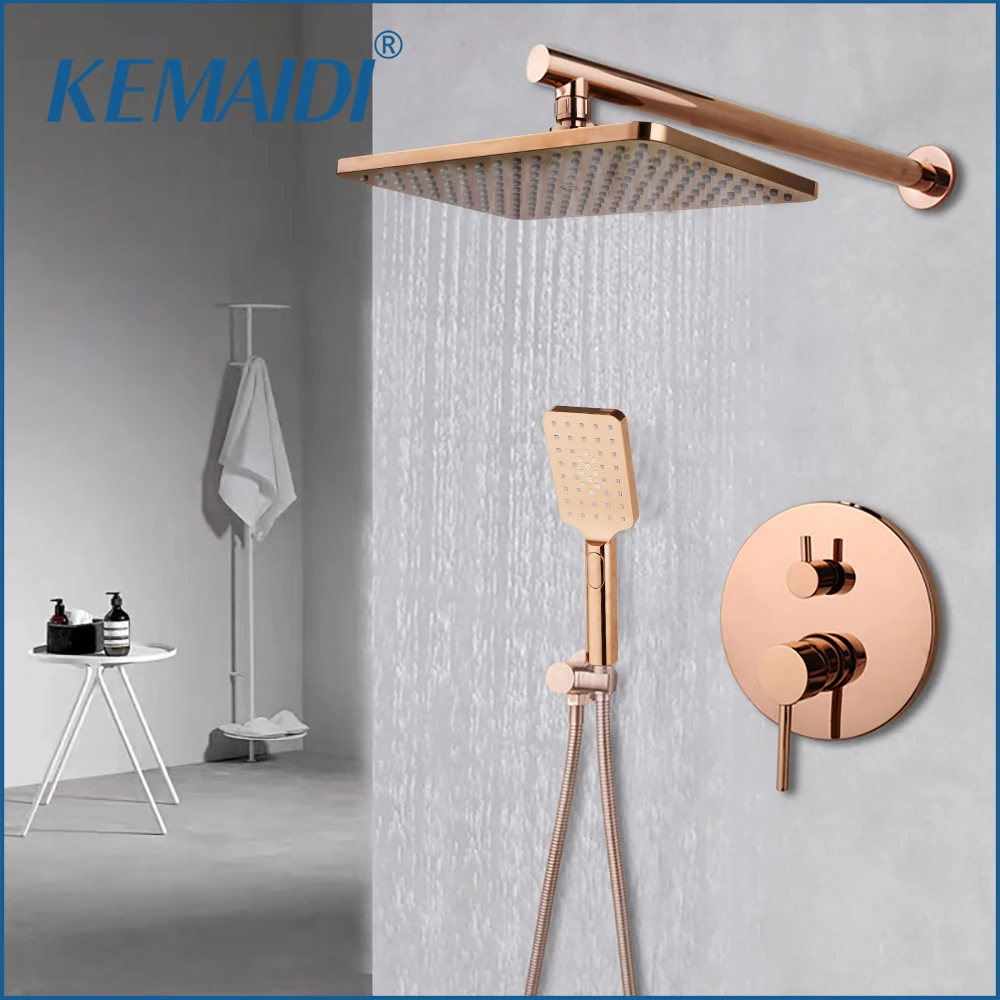 KEMAIDI Solid Brass Rose Golden Shower Faucet Rainfall Square Head Pink Bathroom Bathtub Shower Set Faucet Shower Bathtub Mixer