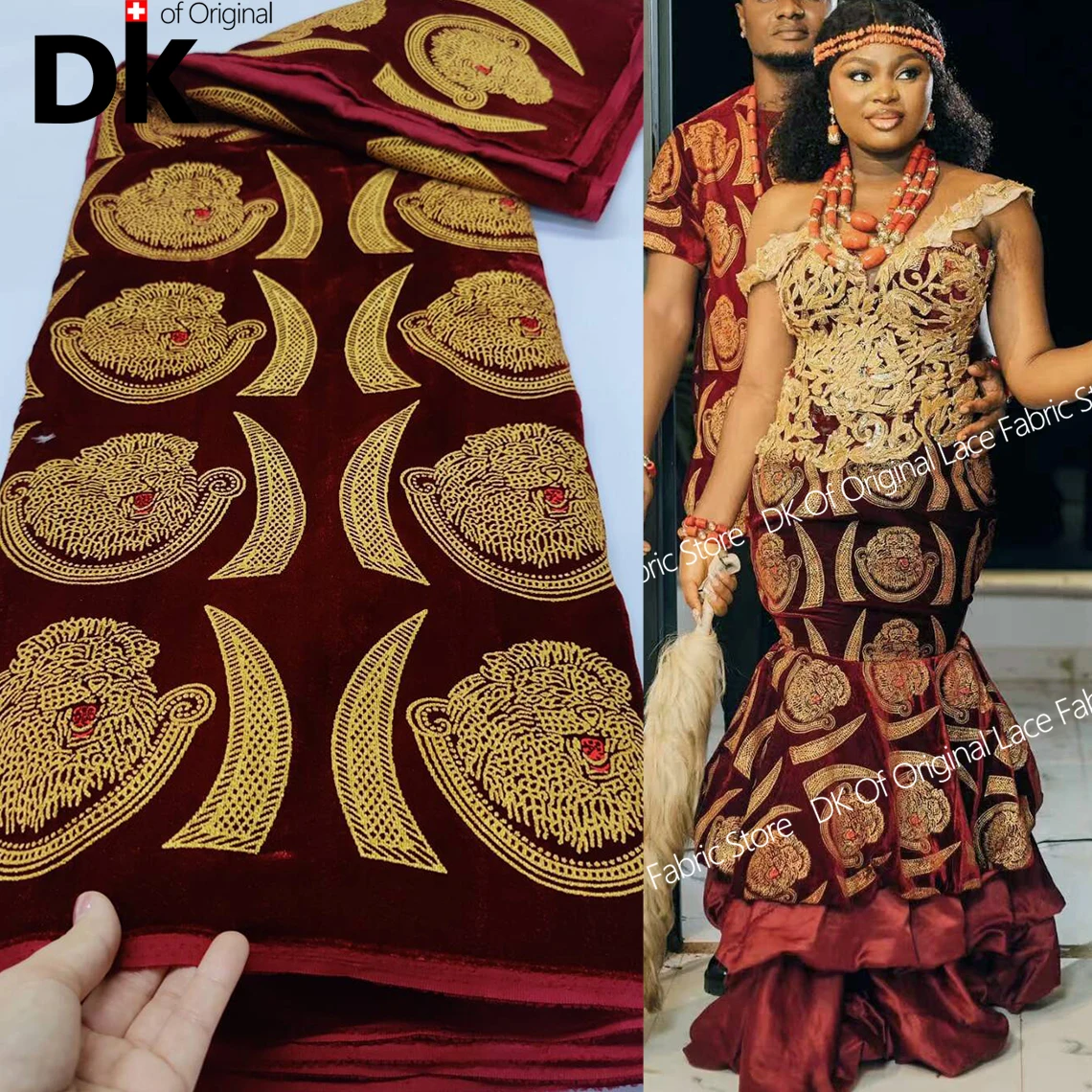 

Top Quality African Traditional George Velvet Fabric Nigerian Ankara Women Bridal Wedding Dress Burgundy Velvet Lace Material