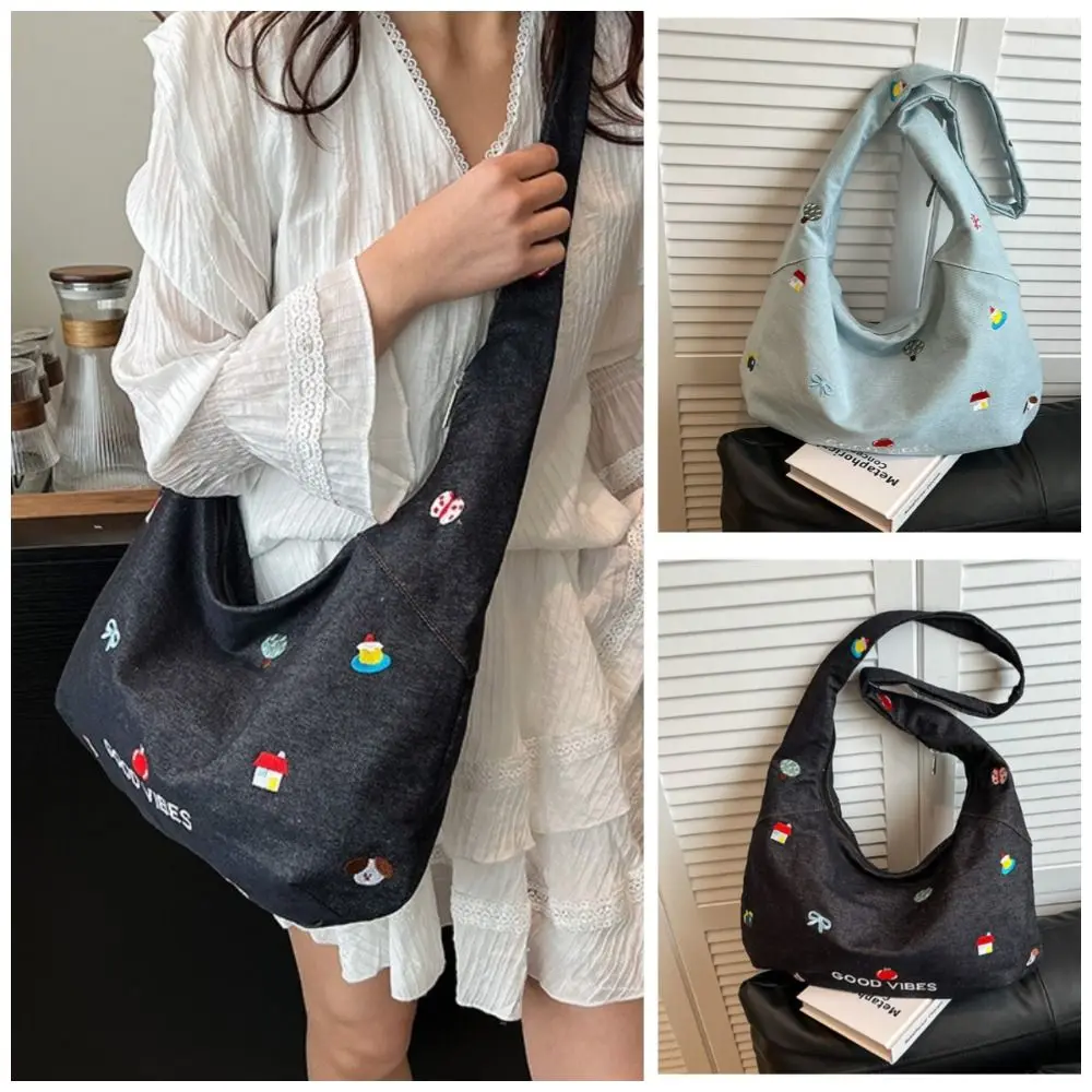 

Commuting Women's Denim Shoulder Bag Large Capacity Korean Style Cute Embroidered Tote Bag Casual Sweet Messenger Bag Students