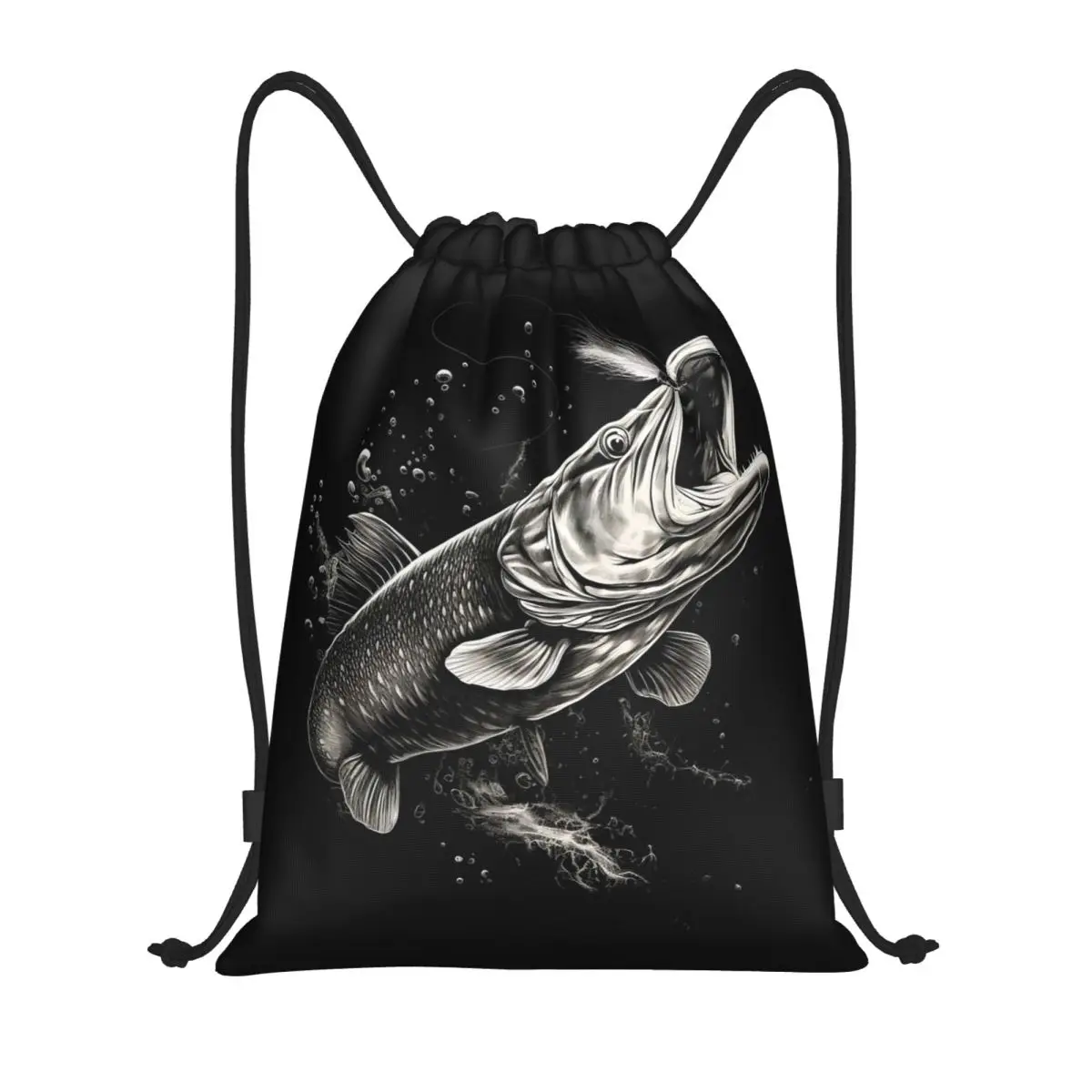 Fishing Lover Pike Fish Design Backpacks Portable Drawstring Bundle Pocket Sports Bag Book Bags for Man Woman Students