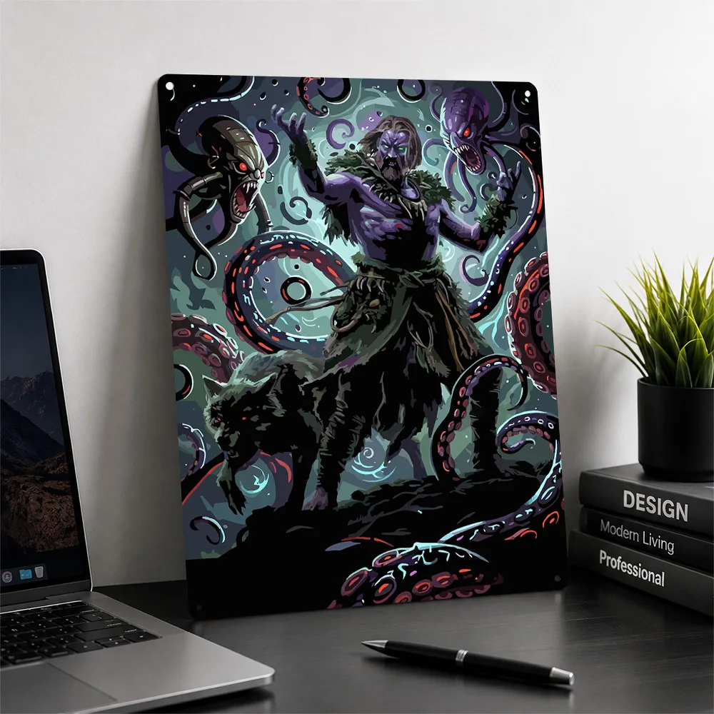Fantasy Warrior and Tentacles 3D Texture Printed Poster Custom Vintage Metal Tin Plate Sign for Wall Art Decoration Room Bedroom