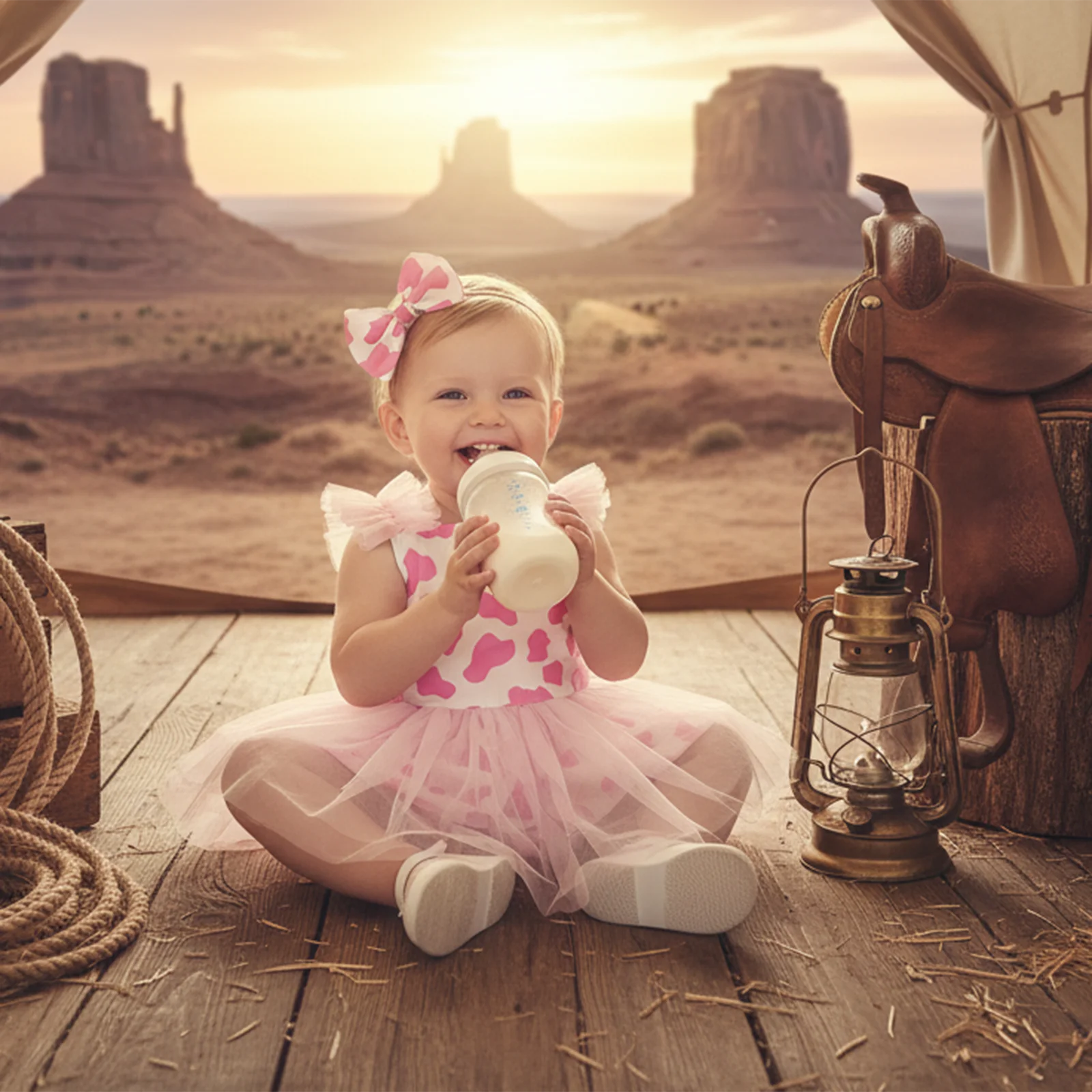 Baby Girls Rompers Western Print Sleeveless Tulle Hem Infant Bodysuits Jumpsuits with Headband