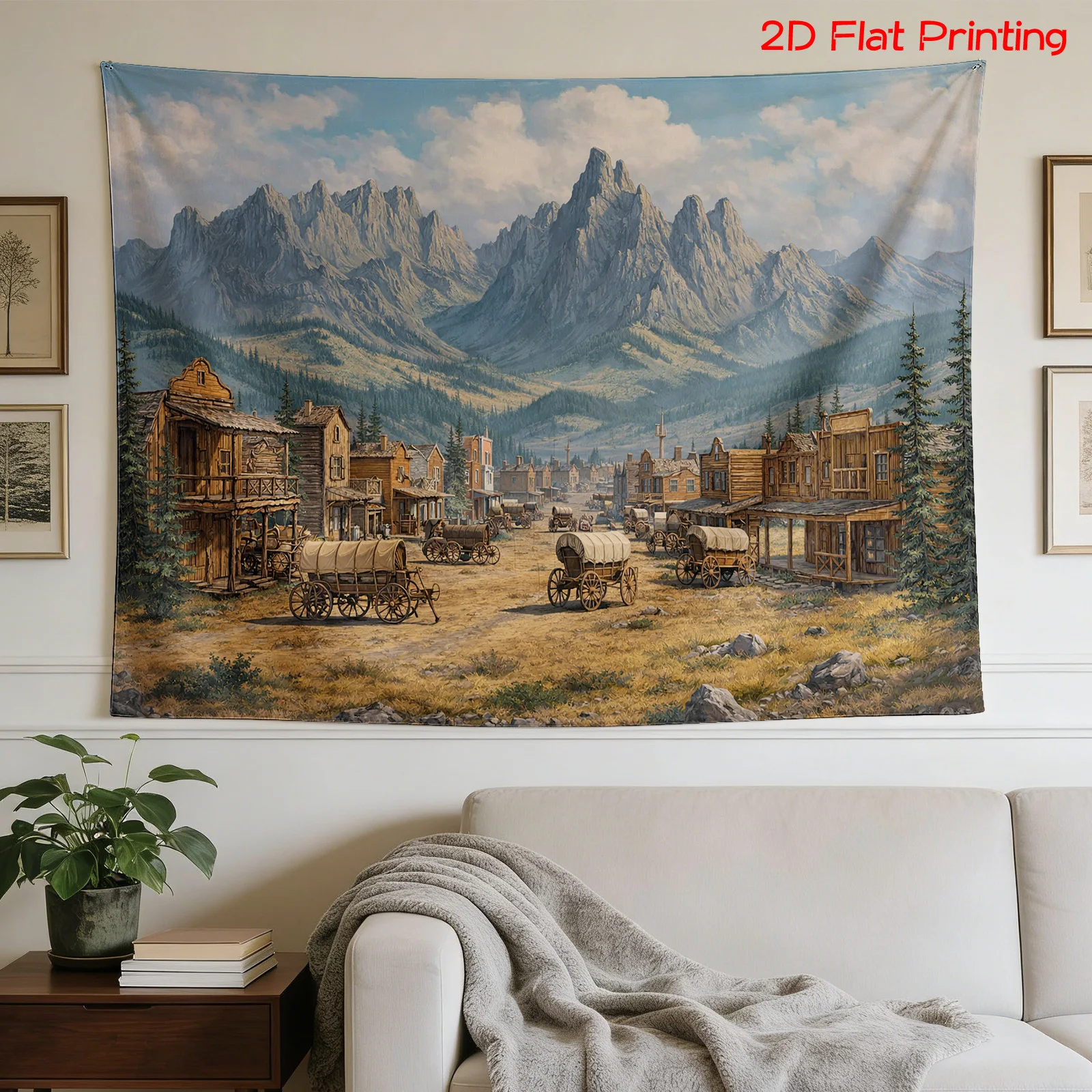 Rustic Wild West Western Frontier Town Tapestry Wall Hanging Polyester Print Scenic Mountain Pioneer Cabin Home Decor Art Poster