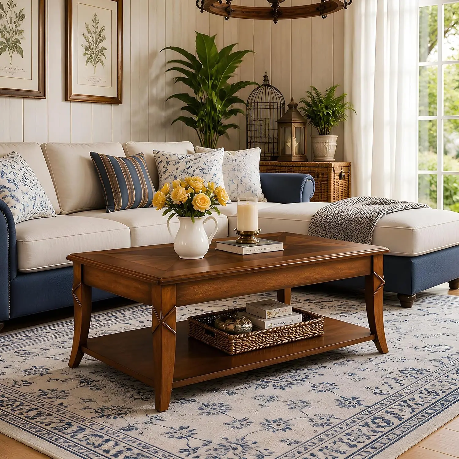Solid Wood Coffee Table with Storage Shelf & Carved Top, Mid-Century Cocktail Table, 43.3