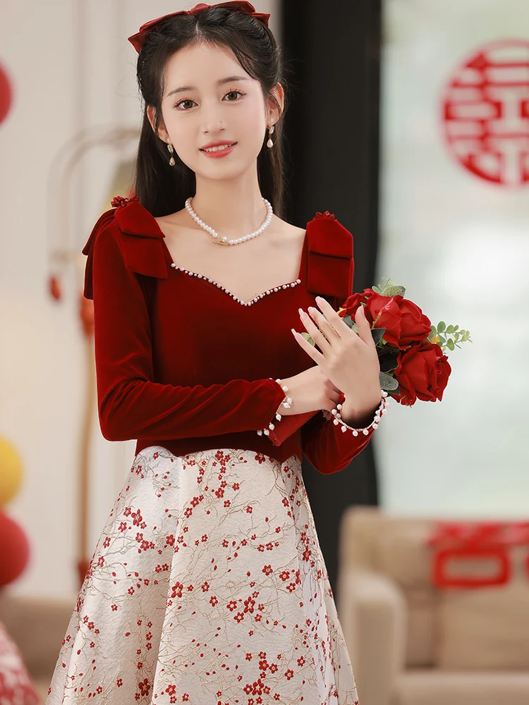 

Ele Red Wedding Dr Square Collar Long Sve Fitted Gown for Bridal Tea Ceremony Return Home Casual Wear New 2025
