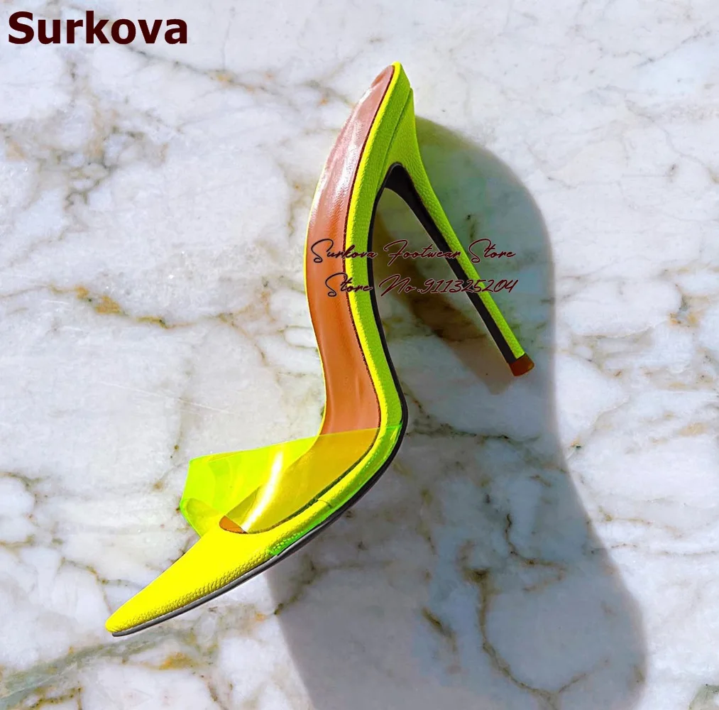 Surkova ologramma iridescente pantofole con tacco alto in PVC Snakeksin Patchwork sandali trasparenti scarpe da festa al Neon con punta a punta metallica