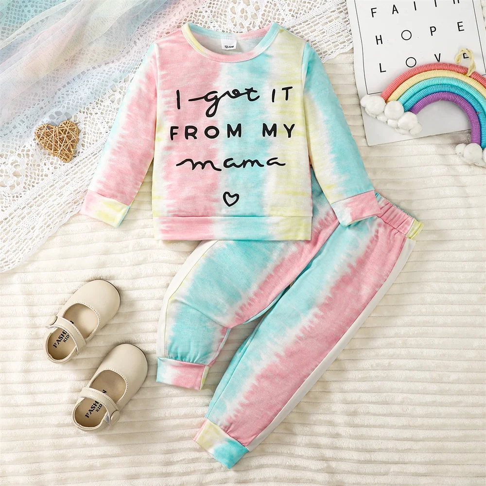 1-5Years 2PCS Kids Girl Clothing Set Splicing Rainbow Color Letter Print Long Sleeve Top+Pants Casual Daily Wear Outfit