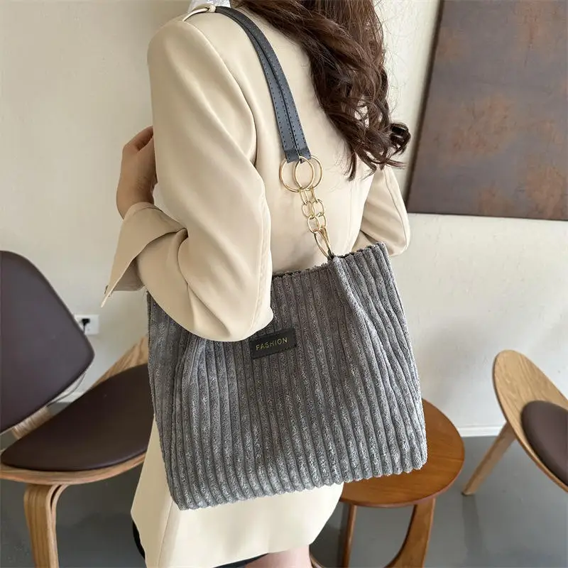 Fashion Corduroy Tote Bag Solid Color Shoulder Bag Women's Casual Handbag For Commute Work Shopper Totes Bag Large Capacity