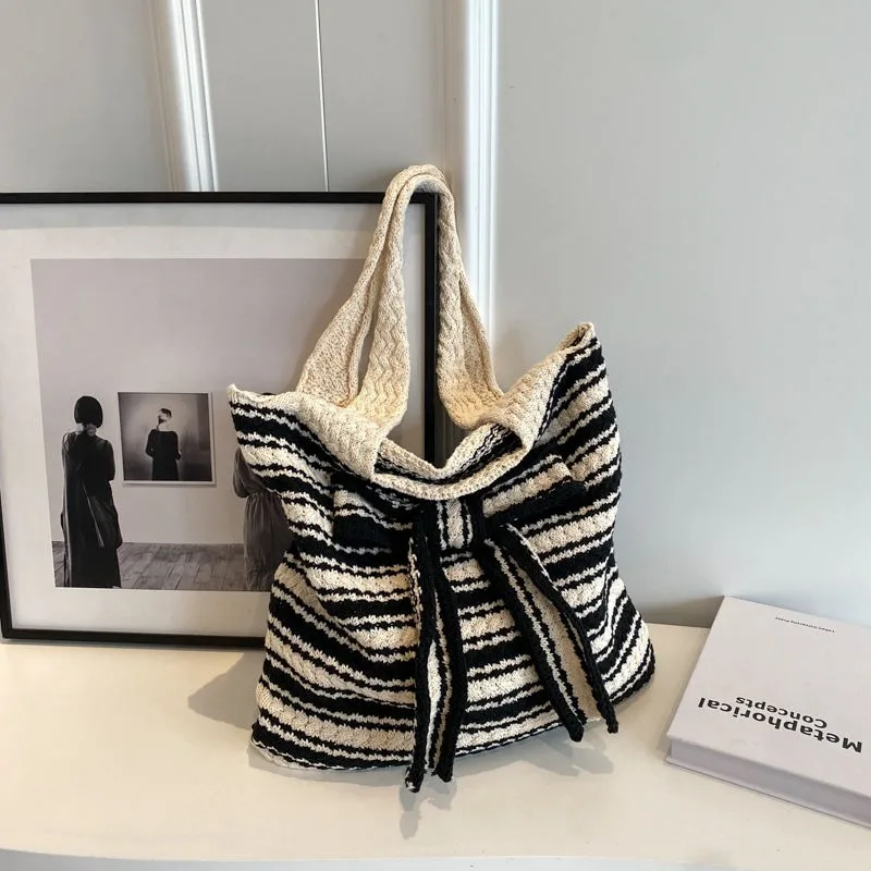 Lazy Style Women Fashion Bow Knitted Bag Spring Summer Korean Edition Tote Bags Literary and Versatile Shoulder Bag Handbag