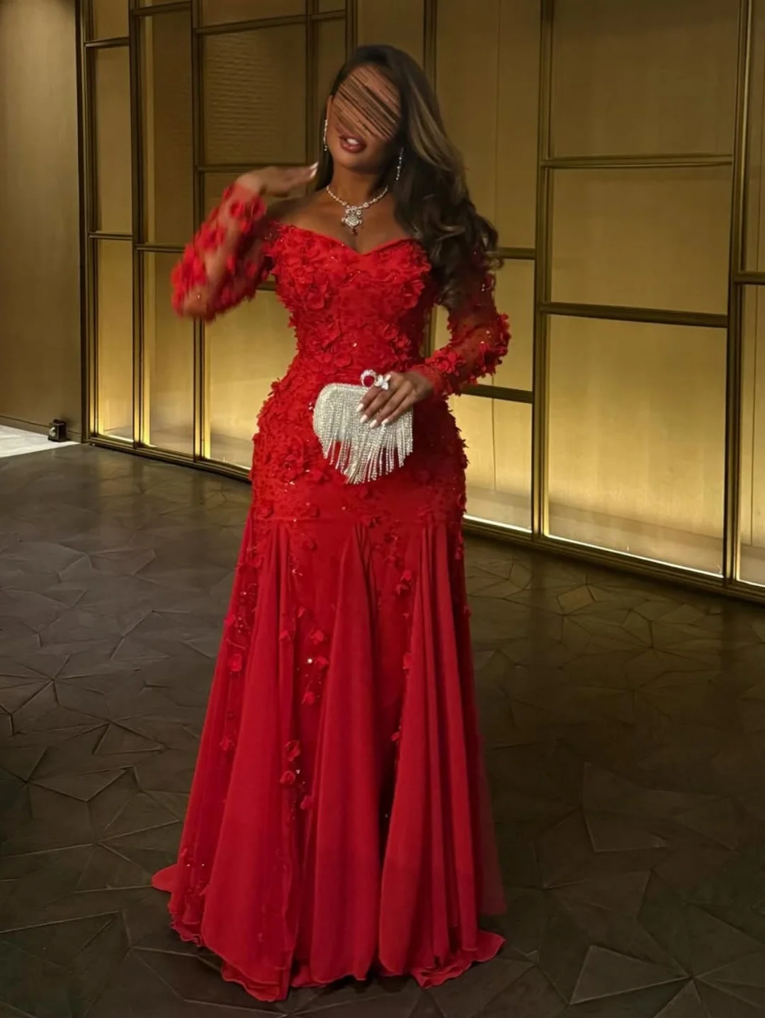 

Customized Mermaid Long Sleeves Evening Dresses Off The Shoulder Beadings Flowers Floor Length Prom Dresses Party Dresses