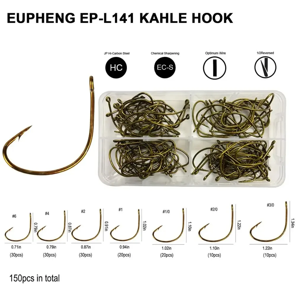 Eupheng EP-L141 Anzuelos de Pesca Kahle de Bronce con Abertura Ancha, Anzuelos para Pesca Deportiva con Cebo Vivo, Anzuelos para Gusanos, Kits Surtidos