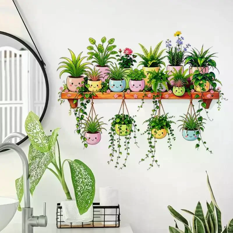 Potted Flower Hanging Basket Sticker For Living Room Bedroom Kitchen Removable Botanical Wall Art Decal Supply For Daily Use