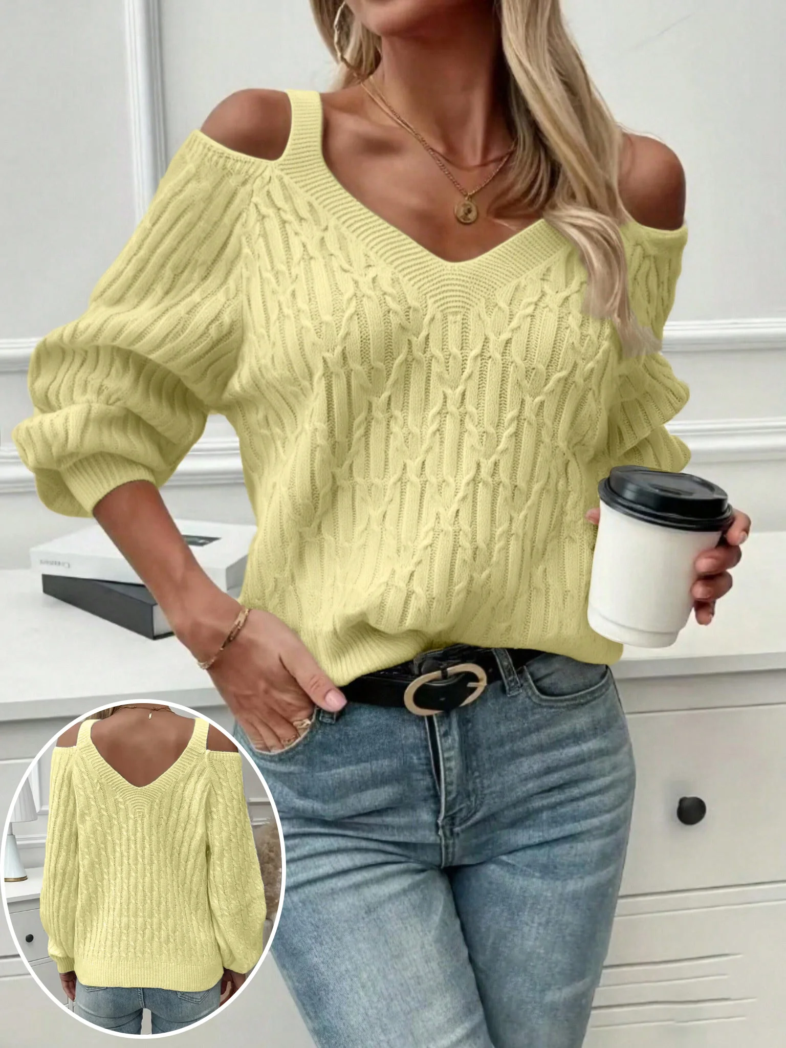 

Plus Size Women's Elegant Solid V-Neck Cold Shoulder Knit Long Sleeve Pullover, Perfect for Spring & Fall