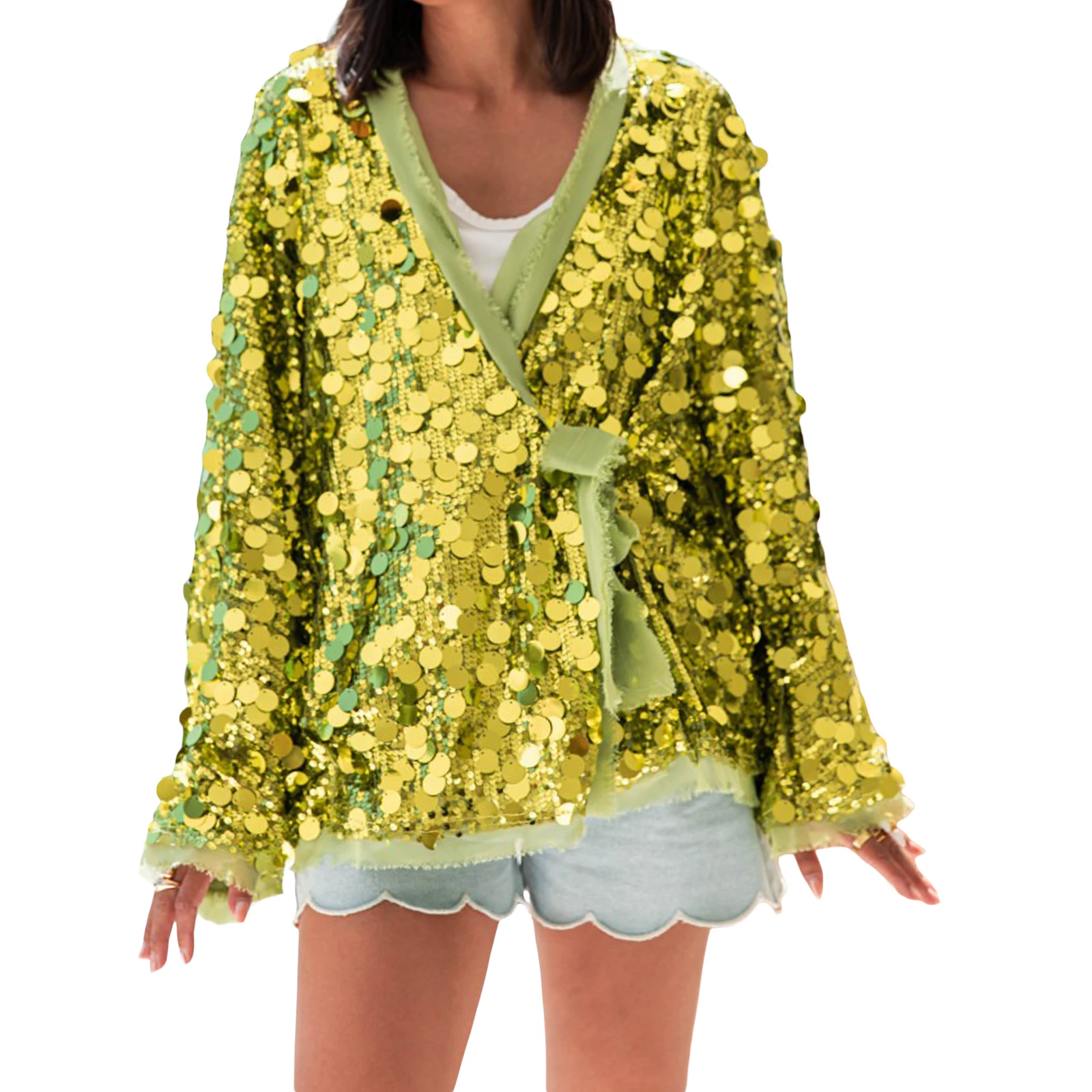

Женский кардиган с пайетками, V-образный вырез, завязка спереди, длинные рукава, пляжная одежда, блестящие топы
