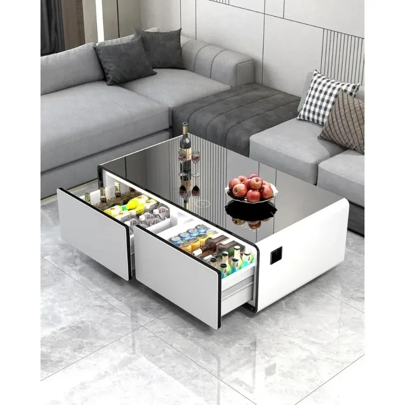Room Table with Built in Fridge and Speakers, Smart Table with 15W Wireless Charging, USB Chargers and 110V Outlets