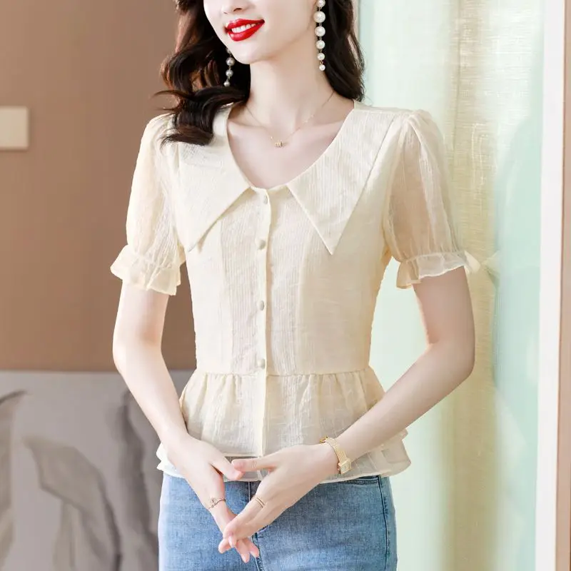 Women Summer Simplicity Fashion Loose Solid Color Peter Pan Collar Short Sleeve Chiffon Shirts Ladies Casual Appear Thin Tops