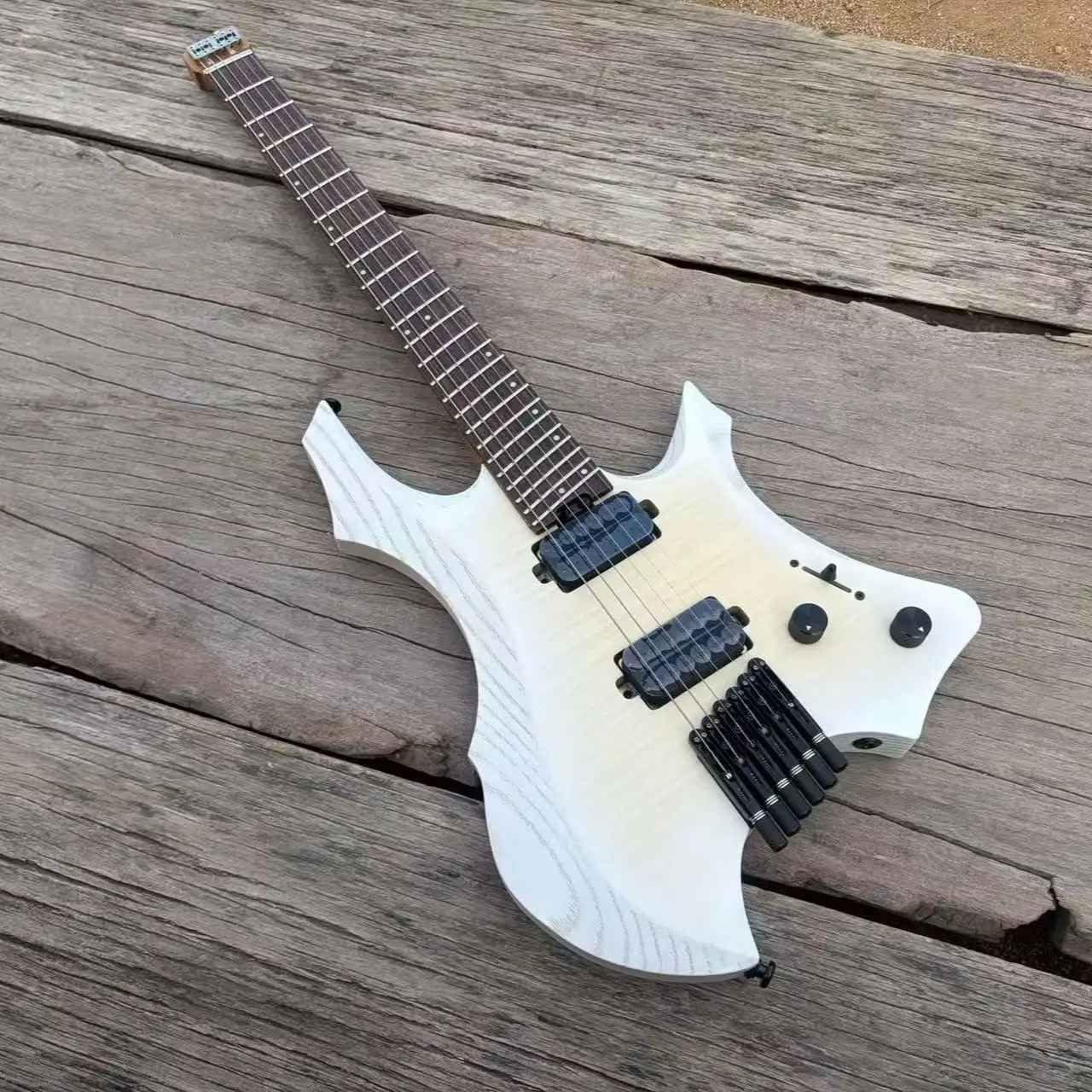 New Headless Electric Guitar White Flame Maple Top Ash Body Jumbo Stainless Steel Oblique Frets 5 Piece Roasted Maple Neck