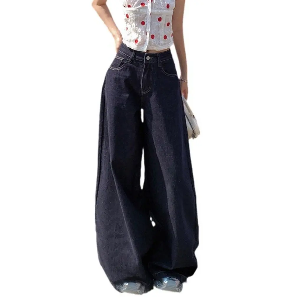 

Dark Blue Women's Loose Wide-Leg Jeans Casual Draped Straight Pants Floor-Length Autumn Style