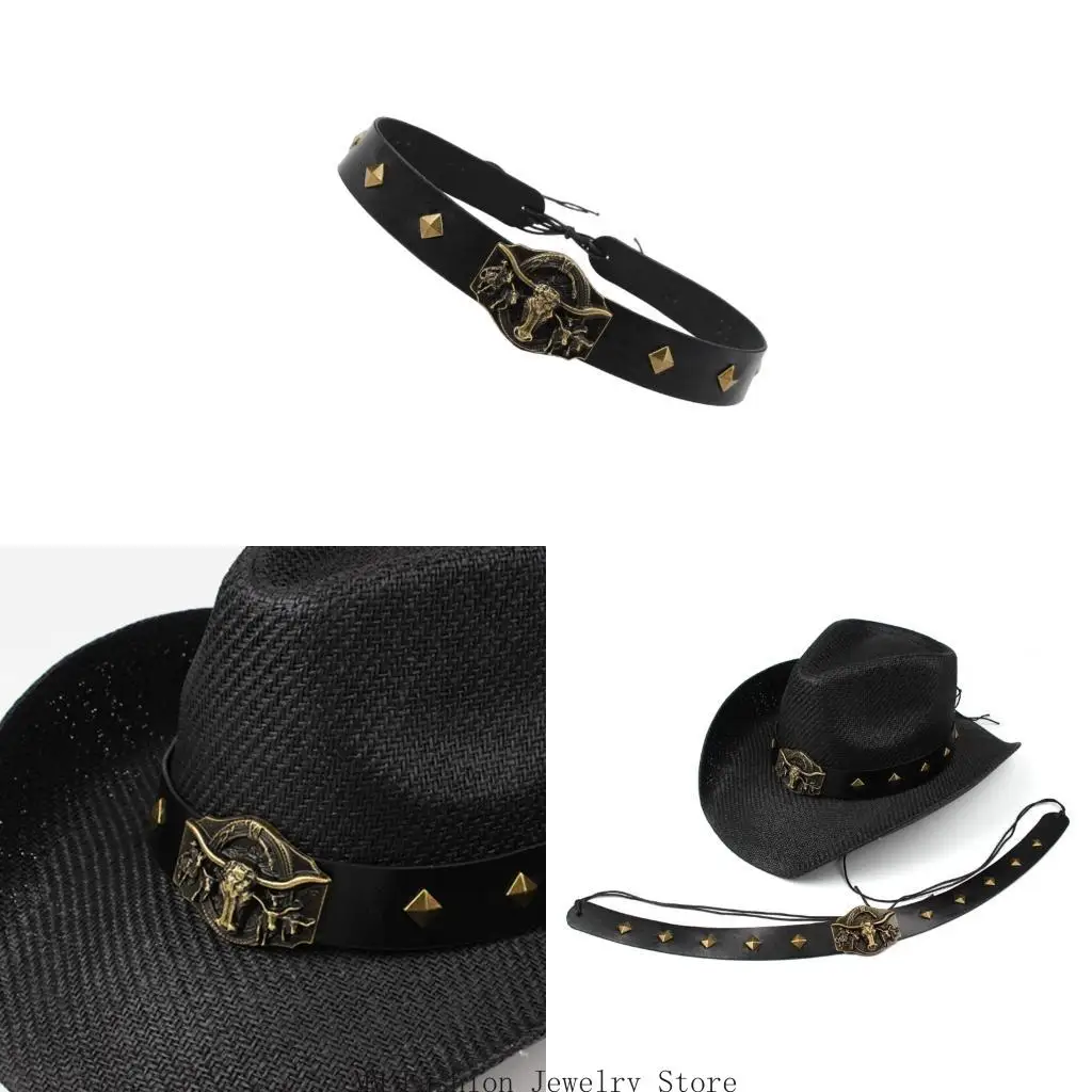 Western Hat Accessory Band with Antique Gold Tone Head Decors and Black Studded Strap for Plain Hat Styling and Travel Looks