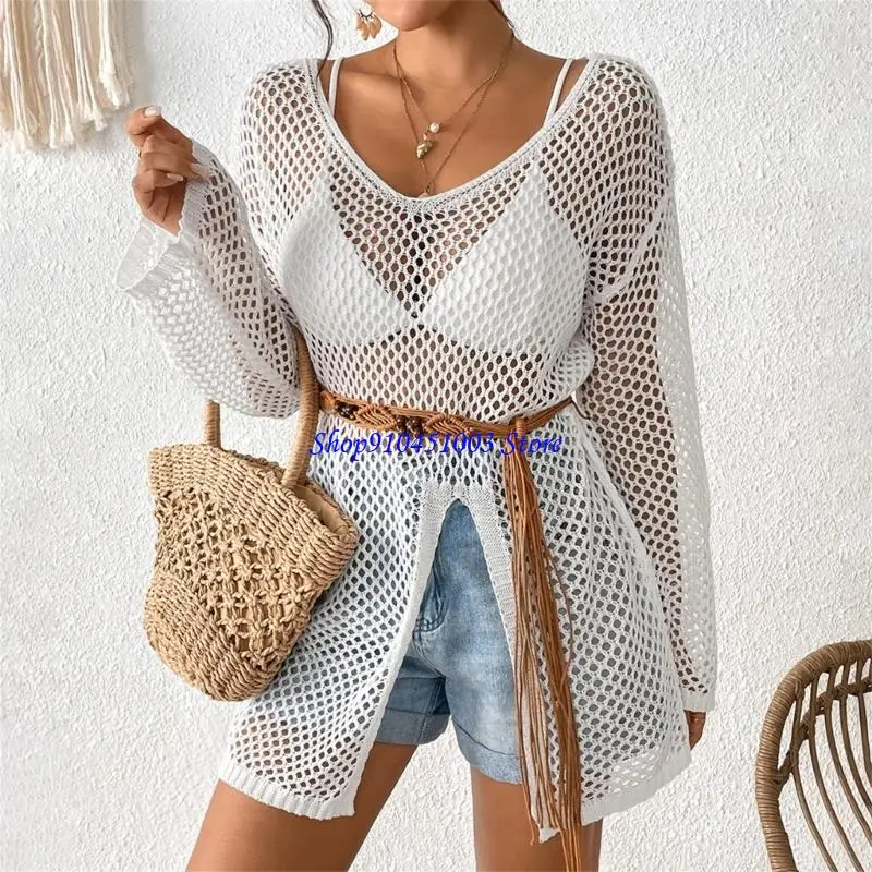77HC Hollow Crochet Beach Shirt for Women Long Sleeve Bathing Suit Coverup Knit Dress