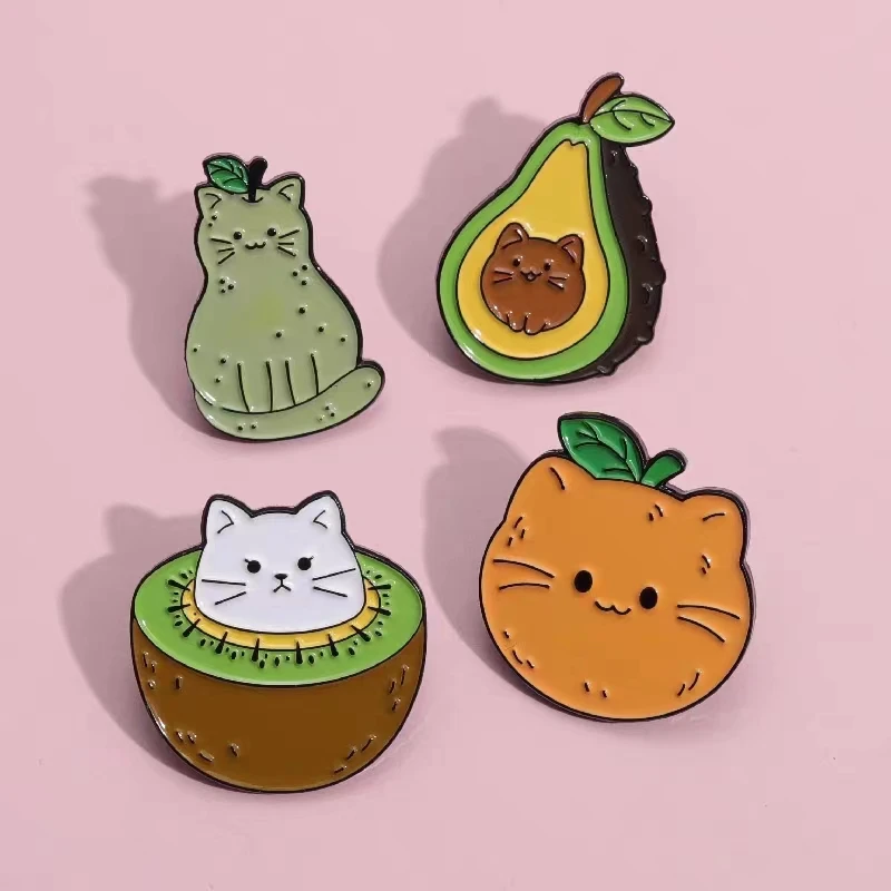 Fruit Collection Enamel Pins Custom Strawberry Lemon Kiwi Watermelon Brooches Lapel Badges Fun Cat Jewelry Gifts Wholesale