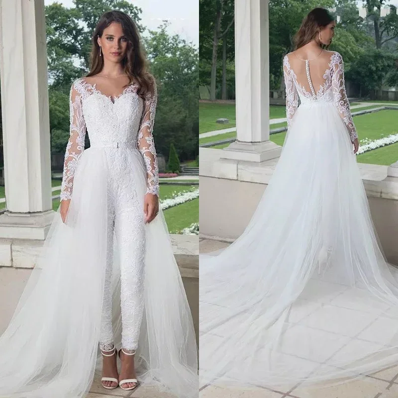 Customized Jumpsuit Wedding Dresses with Detachable Train Vintage Lace Appliques Puffy Tulle Skirt Backless Bridal Gown