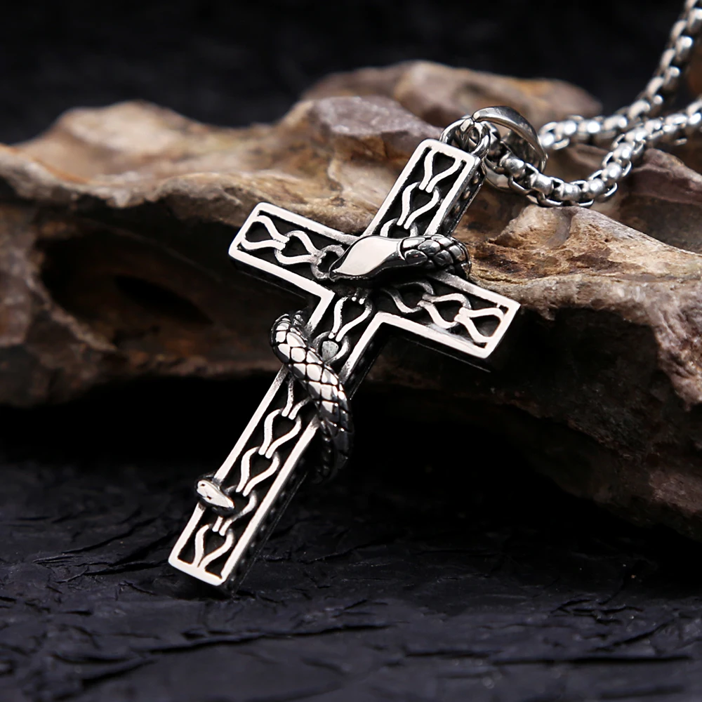 

Punk Fashion Crucifixion Coiled Snake Pendant Neckalce For Men Women 316L Stainless Steel Vintage Creative Amulet Jewelry Gifts