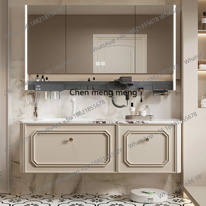 

Комбинированный шкаф для ванной комнаты из массива дерева, французский кремовый стиль, шифер, встроенная раковина с горячей изогнутой, умывальник для рук, стол для умывальника в ванной комнате