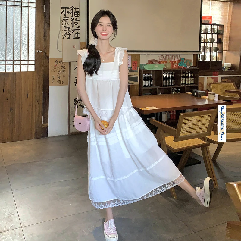 

Lace Splice Sleeveless Square Collar Loose White Tops High Waist A-line Long Skirt Two Piece Set Womens Outfits 2024 Summer 0112