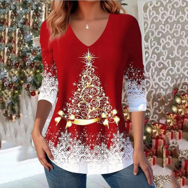 

Christmas T-shirt For Women Autumn Winter New Long Sleeve V-neck Print Loose Fashion Elegant Casual Commute Female T-shirt