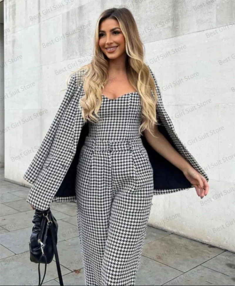 Houndstooth 3 Pieces Women Suit Set Blazer+Top+Pants Formal Prom Dress Single Breasted Guest Party Jacket Street Wear Tailored