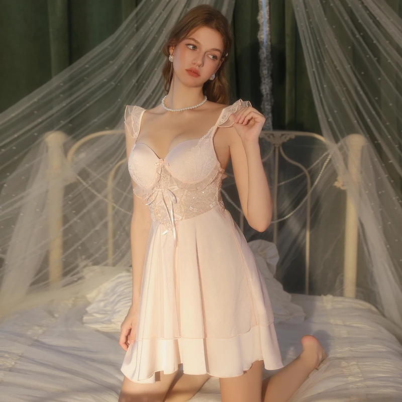 Verão doce lingerie sexy feminino noite vestido mulher sleepwear push up camisola feminina renda oco babydoll almofada no peito roupa de dormir