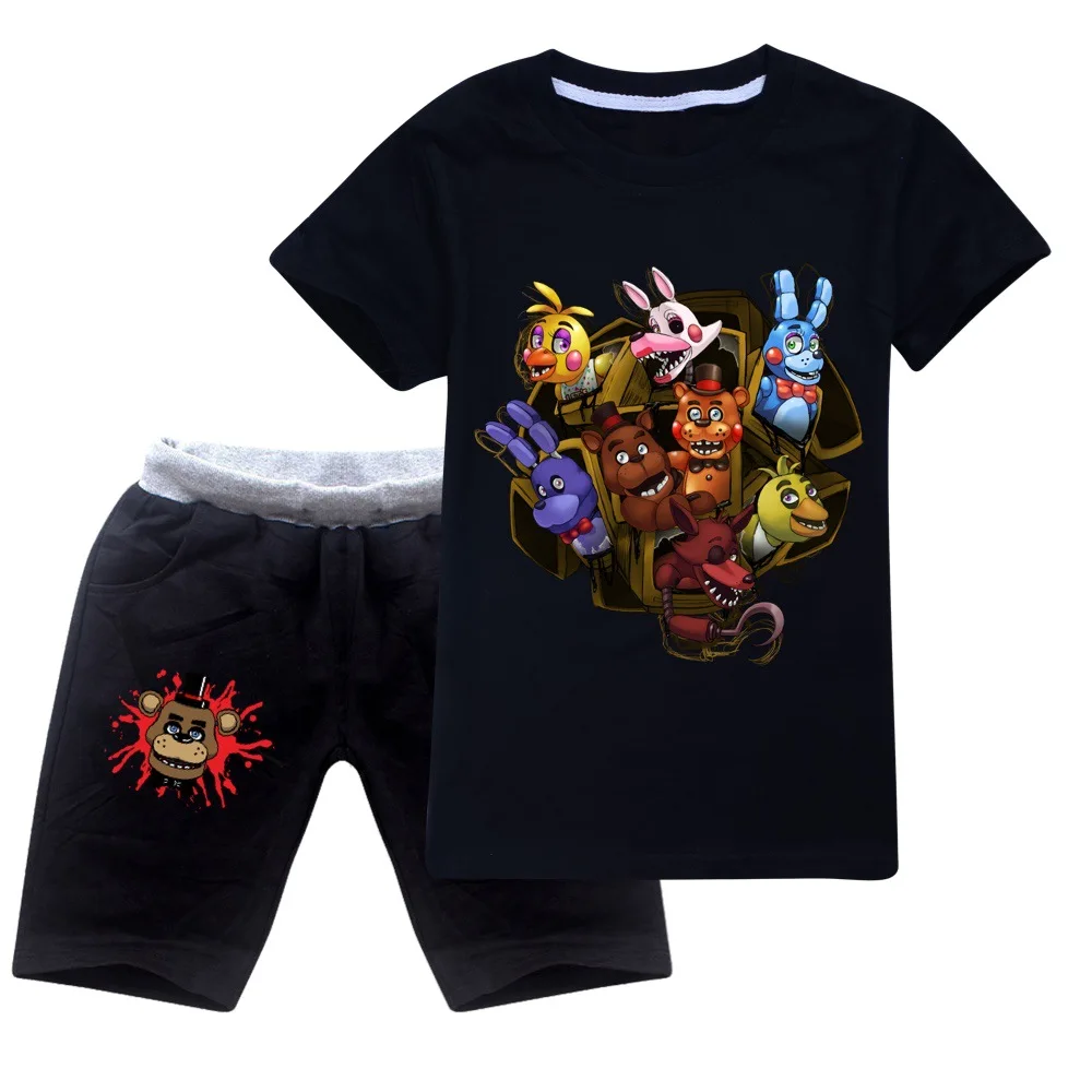 Cartoon FNAF Print 100%Cotton T-shirt boy Summer Tops Casual Short y2k one piece Bear Rabbit Game anime Tees kids clothes girls