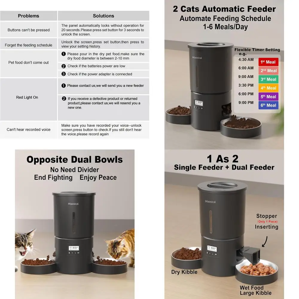 

Двойная автоматическая кормушка для кошек, 2 кошки, 6 еды/день, 12 порций/еда, кормушка с двойной мощностью 4,2 л, автоматический дозатор сухого корма для домашних животных, 10