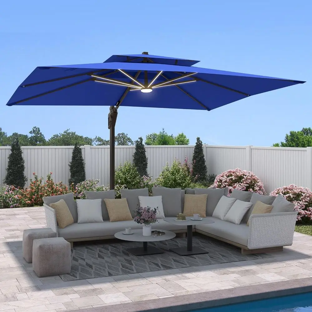 

Large 9ft 12ft Cantilever Patio Umbrella with Base, 360° Rotation, LED Lights, Navy