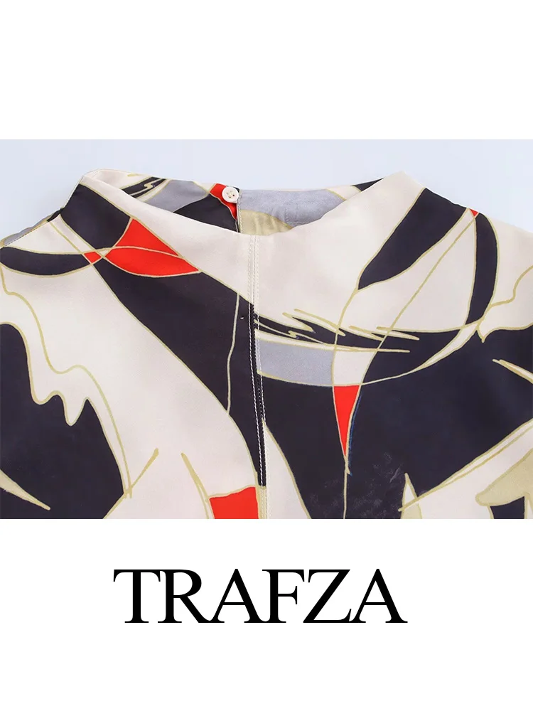 Trafza primavera feminino solto botão impressão decorar vestido o pescoço mangas compridas feminino voltar zíper cetim textura midi vestidos mujer