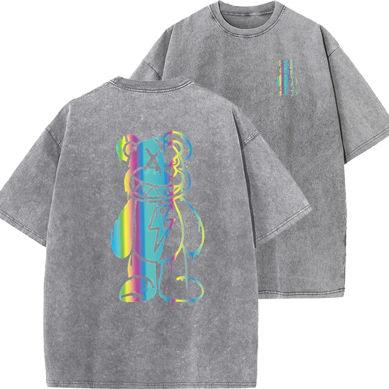 

Rainbow Bear Pattern Printing Man s Tee Shirt Summer Vintage Washed Cotton Casual T Shirt Korean Soft High-Quality T Shirts