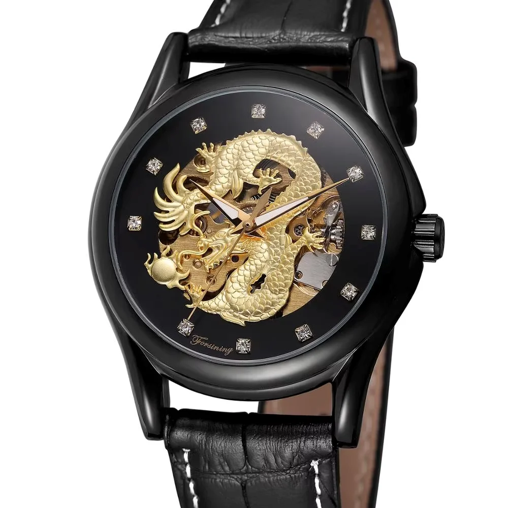 FORSINING Fashion casual men's watch gold dragon carved black case black dial black leather strap automatic mechanical watch