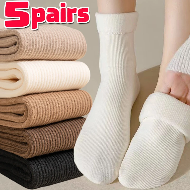 5Pairs New Women Winter Thicken Warm Short Socks Thermal Cashmere Wool Socks Nylon Snow Velvet Boots Home Floor Calcetines Mujer