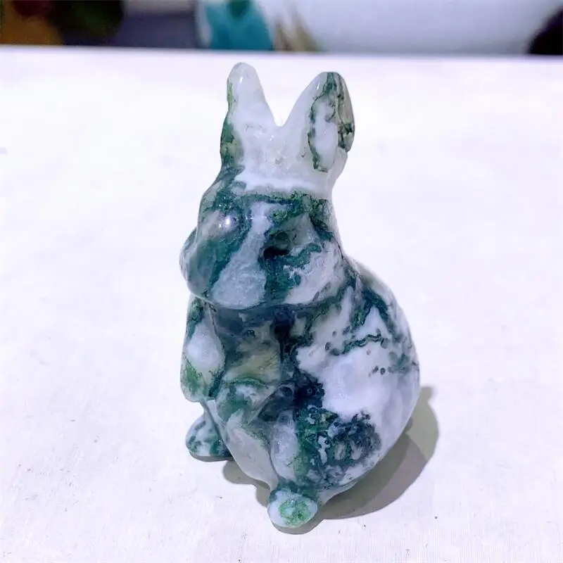 

Natural Moss Agate Rabbit Carving Craft Animal Gift Crafts Feng Shui Home Decoration Stone Statues 1PCS