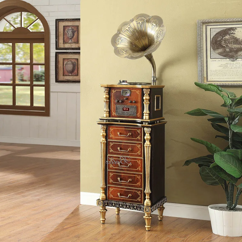 

French retro mahogany carving vintage phonograph European living room home antique furniture