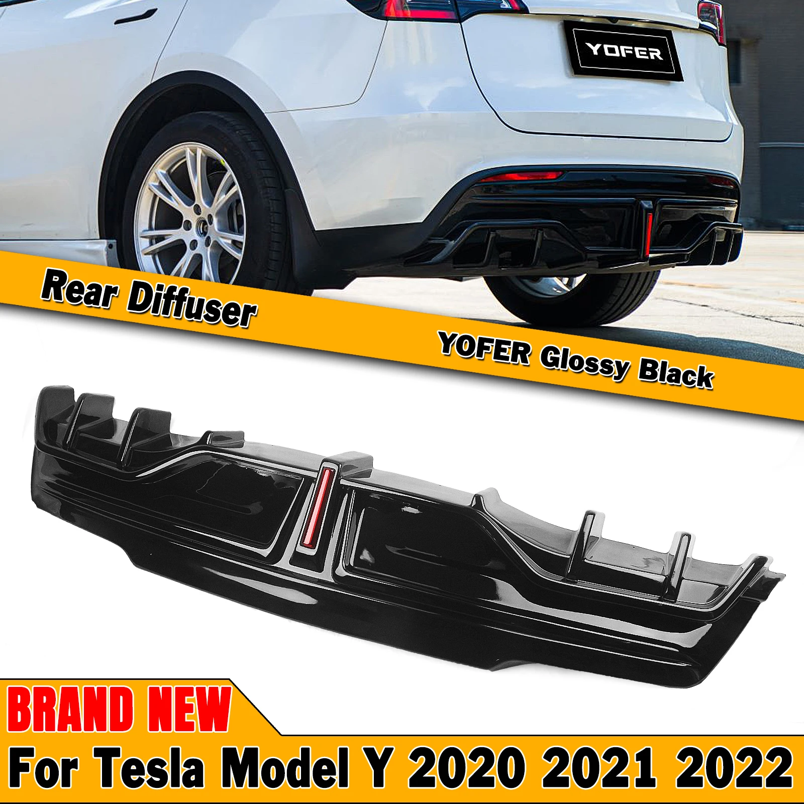 YOFER Body Kit For Tesla Model Y 2020 2021 2022 2023 Glossy Black Rear Bumper Diffuser Lip With LED Light Boot Spoiler Splitter