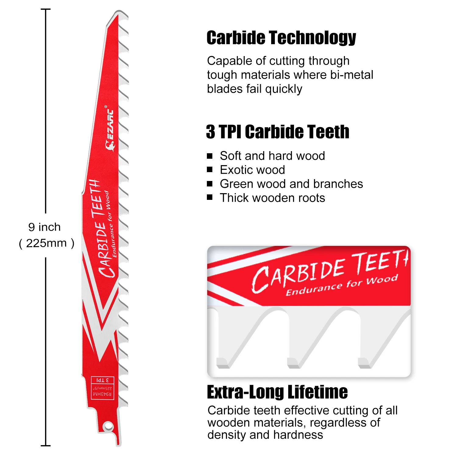 EZARC 3/6/9pcs Carbide Reciprocating Saw Blade R943HM Endurance for Hard Wood 225mm(9-Inch) 3TPI, 3pcs/Pack