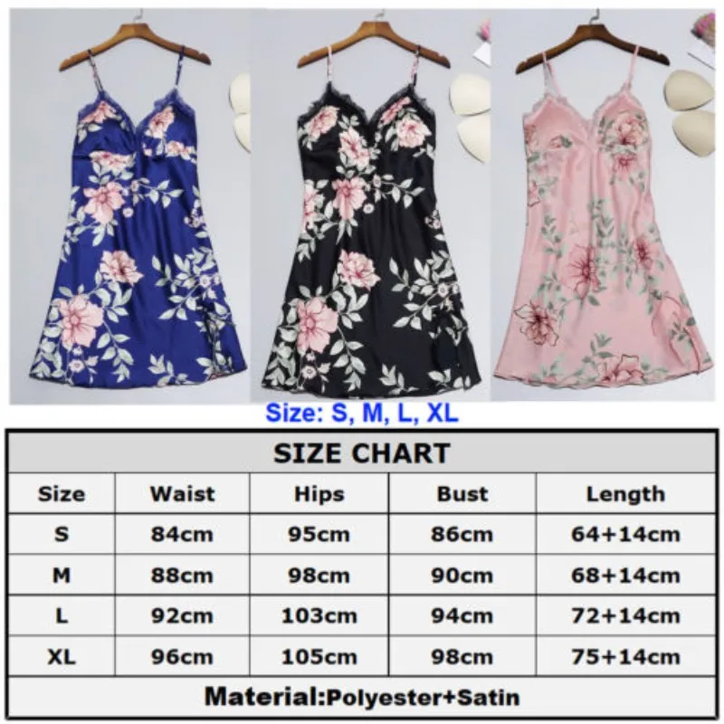 Floral Satin Silk Night Dress Women Sexy Bras V-Neck Gecelik Linger Lace Sleepwear Dress Print Nightgowns Women Sexy Nightdress