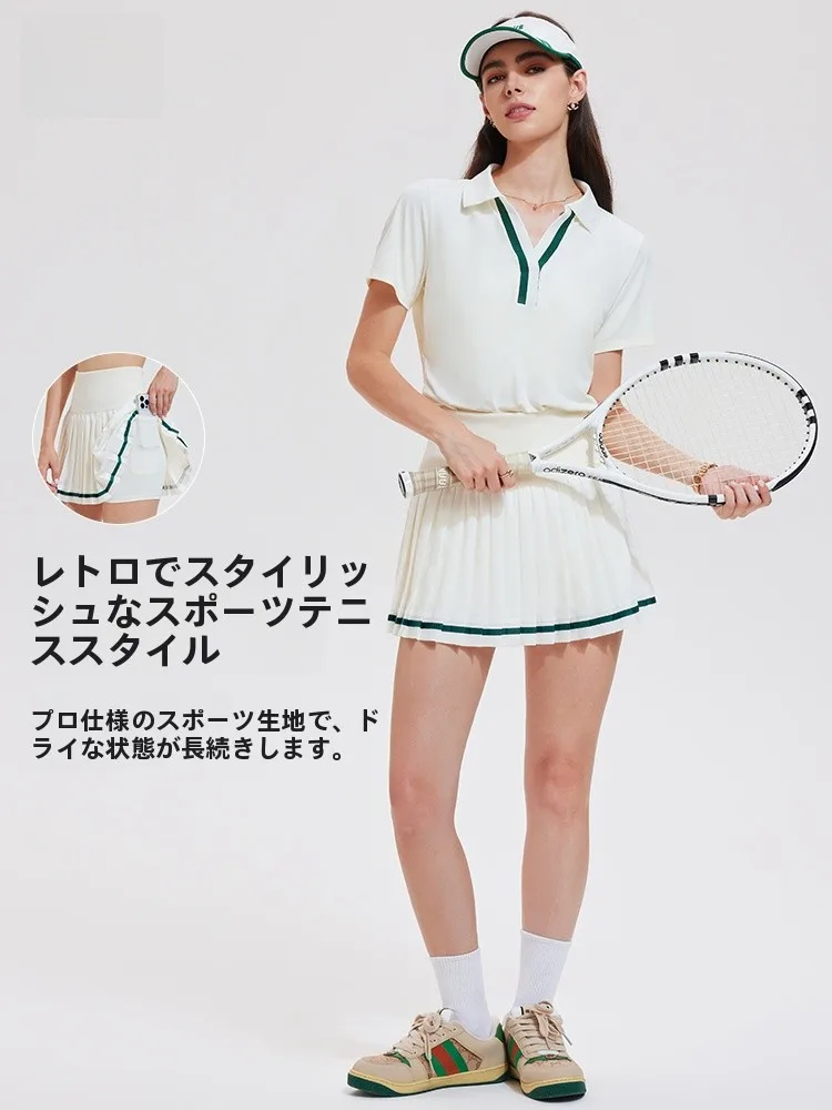 レディース-テニス-スカート-セット-ポロカラー-半袖-防光-折りたたみスカート-アウトドア-スポーツ-フィットネス-トレーニング-ヨガ-トップ