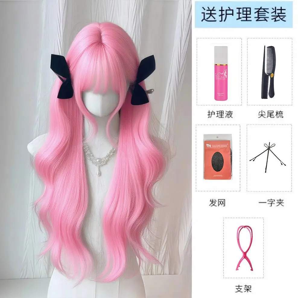 핑크 컬리 로리타 가발 - 자연스러운 빅 웨이브 코스프레 헤어피스, 스트레이트 뱅이 있는 풍성한 풀캡 합성 가발 (애니메이션 소녀용)