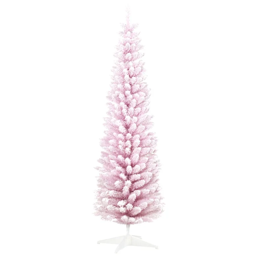 

7' Decorated Christmas Tree Snow Flocked Artificial Christmas Tree with Pencil Shape Realistic Branches Pink