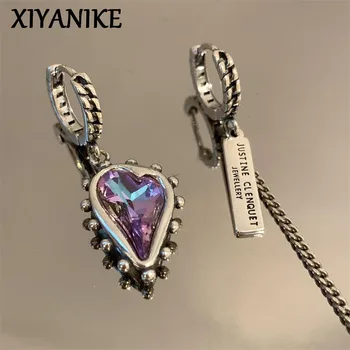 XIYANIKE Vintage Purple Crystal Heart Ssymmetrical Drop Dangle Hoop Earrings For Women…
