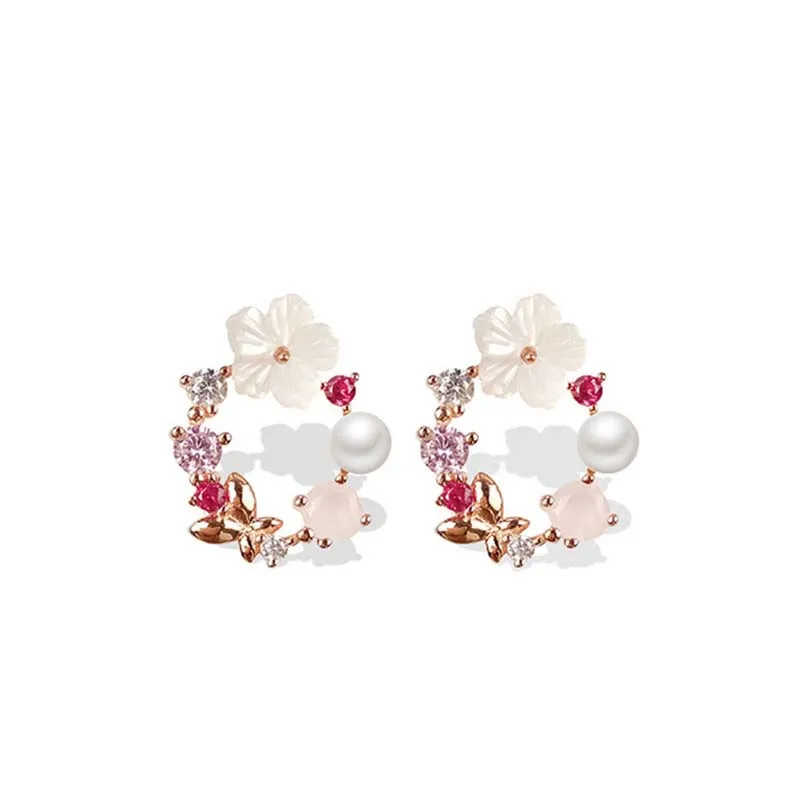 Y2k Pink Crystal Flower Pearl Butterfly Ear Studs Summer New Arrival Korean Fashion Luxury Hoop Earrings For Women Jewelry Gift image 6