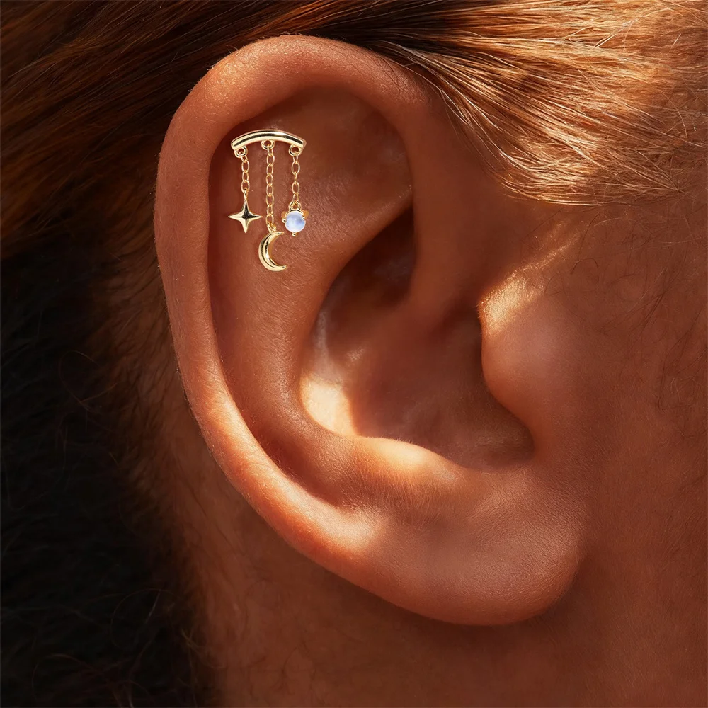 

Серьги-гвоздики Aide S925 из стерлингового серебра с лунным камнем, цирконом, звездами и цепочкой в виде луны, висячие серьги-гвоздики для хряща уха для женщин, небесные украшения для ушей
